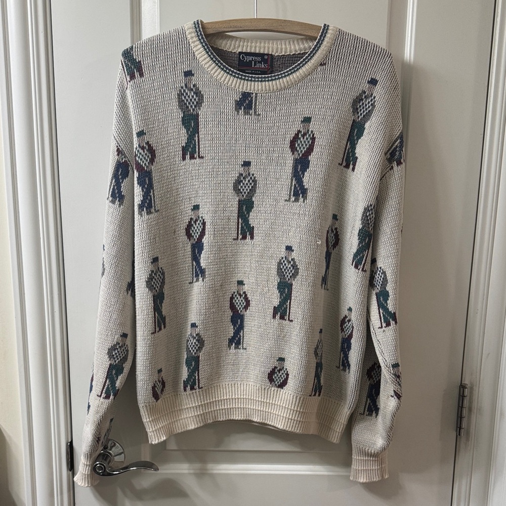 Cypress Links Vintage Golf Graphic Patterned Cream Men's Knit Sweater Size M